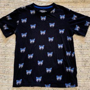 Eighty Eight Brand Gray and Blue Dripping Butterflies Black Butterfly Tee Size M